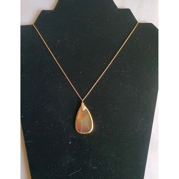 VTG Natural Banded Agate Slice Necklace 14k Gold Filled Stone Pendant Raw Quartz - Picture 8 of 8